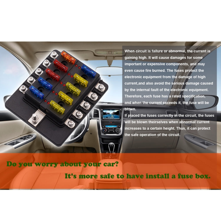1 in 10 Out Fuse Box Screw Terminal Section Fuse Holder Kits with LED Warning Indicator for Auto Car Truck Boat