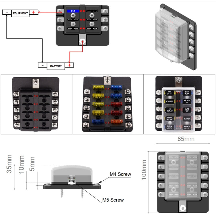 1 in 10 Out Fuse Box Screw Terminal Section Fuse Holder Kits with LED Warning Indicator for Auto Car Truck Boat