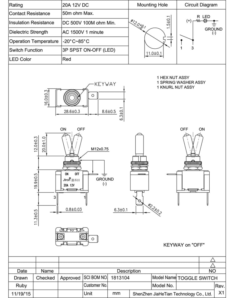 Jtron DV 12V Carbon Fiber Surface Panel Car Toggle Switch with