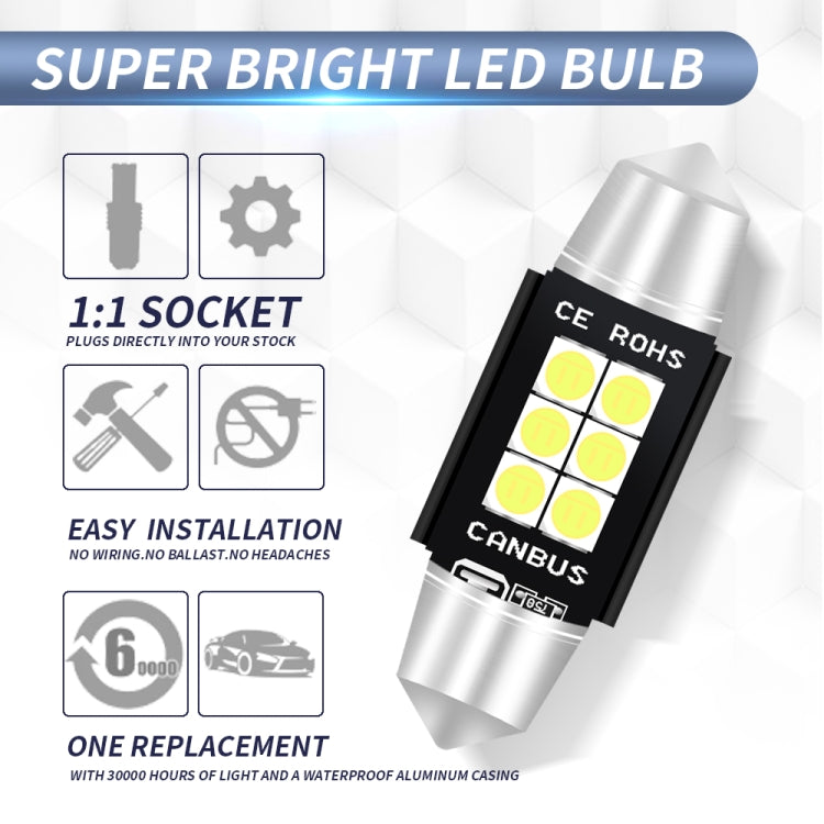 2 PCS 39mm DC12V-24V 3W 6000K 660LM 6LEDs SMD-3030 Car Reading Lamp / License Plate Light