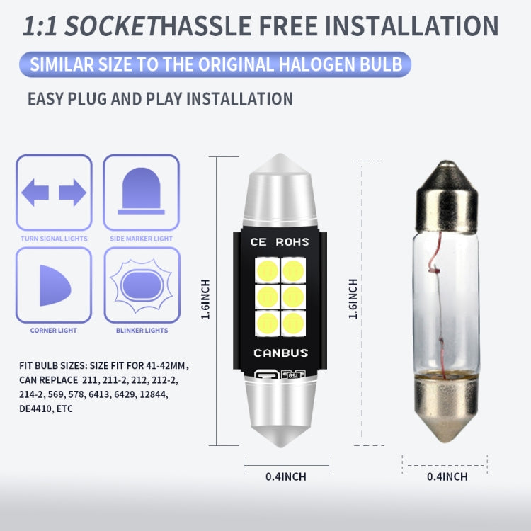 2 PCS 42mm DC12V-24V 3W 6000K 660LM 6LEDs SMD-3030 Car Reading Lamp / License Plate Light
