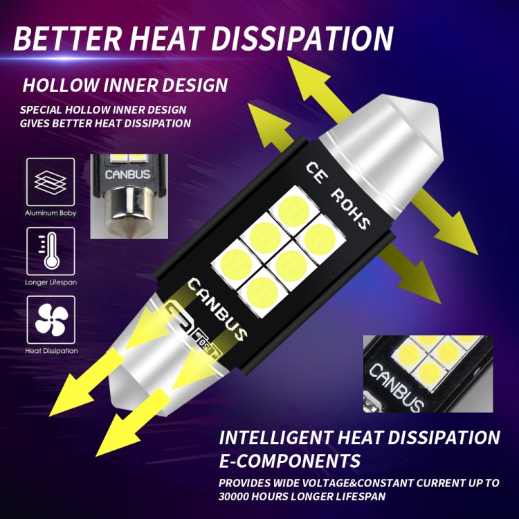 2 PCS 42mm DC12V-24V 3W 6000K 660LM 6LEDs SMD-3030 Car Reading Lamp / License Plate Light