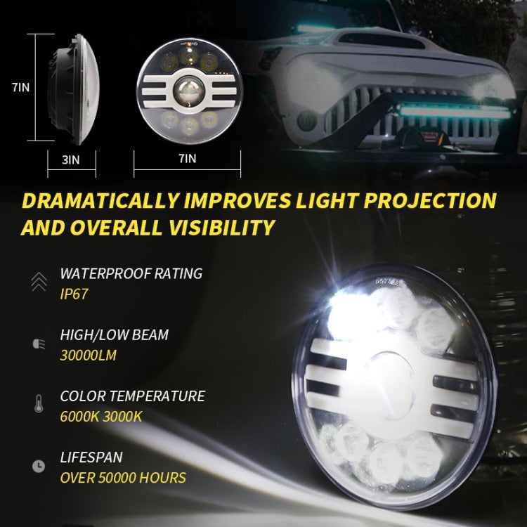 7 inch H4 DC 9V-30V 6000LM 6000K/3000K 55W IP67 6LED Lamp Beads Car Round Shape LED Headlight Lamps for Jeep Wrangler, with Angel Eye