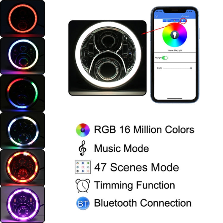 2 PCS 7 inch DC12V 6000K-6500K 50W Car LED Headlight Cree Lamp Beads for Jeep Wrangler / Harley, Support APP + Bluetooth Control(Black)