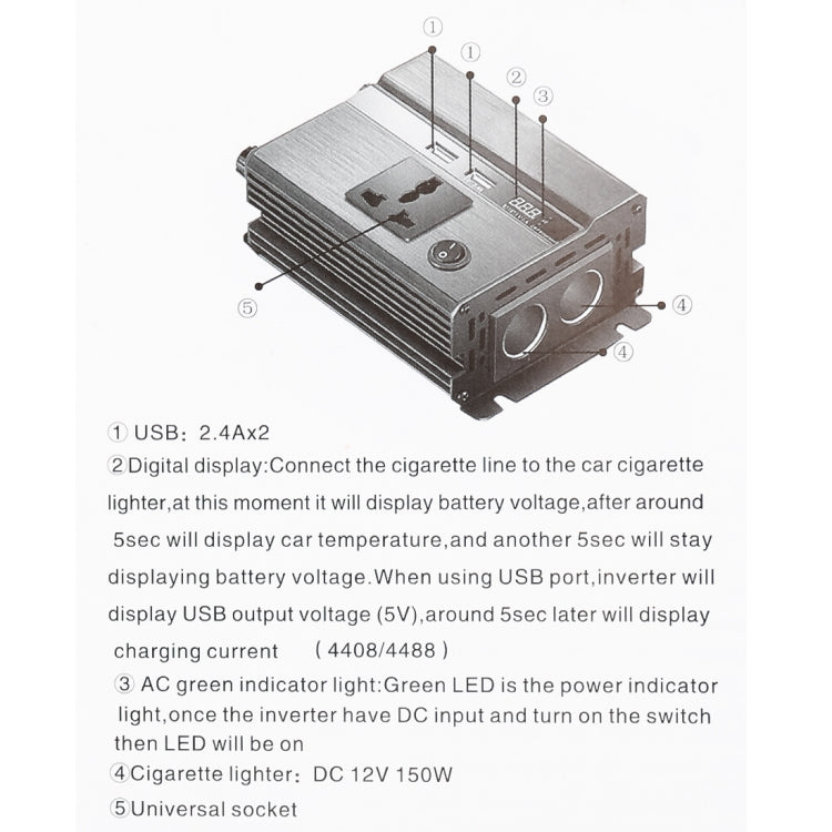 300W DC 12V to AC 220V Car Multi-functional 4488 Smart Power Inverter