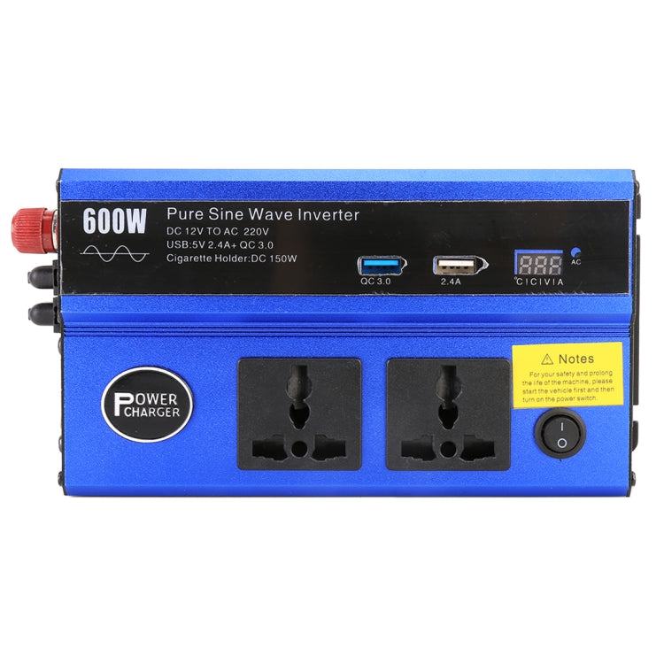 600W DC 12V to AC 220V Car Multi-functional Pure Sine Wave Power Inverter, Random Color Delivery