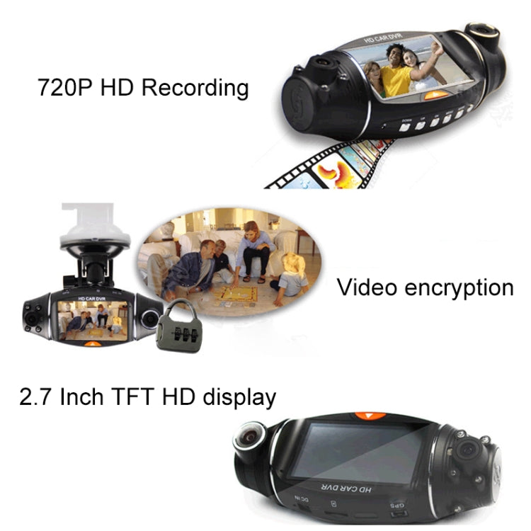 R310 2.7 inch Dual Lens Wide Angle Night Vision HD 720P Video Car DVR, Support TF Card (32GB Max) / Motion Detection / G-Sensor