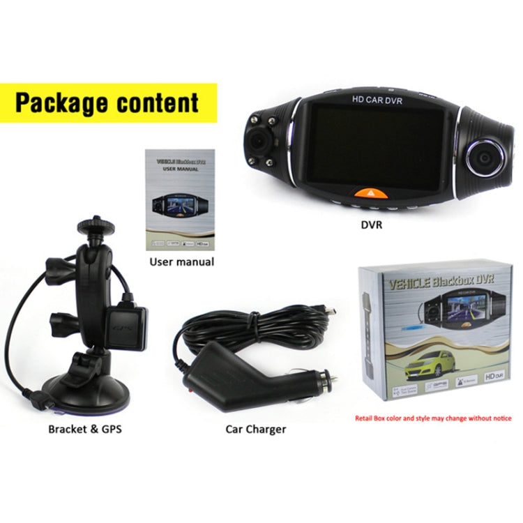 R310 2.7 inch Dual Lens Wide Angle Night Vision HD 720P Video Car DVR, Support TF Card (32GB Max) / Motion Detection / G-Sensor
