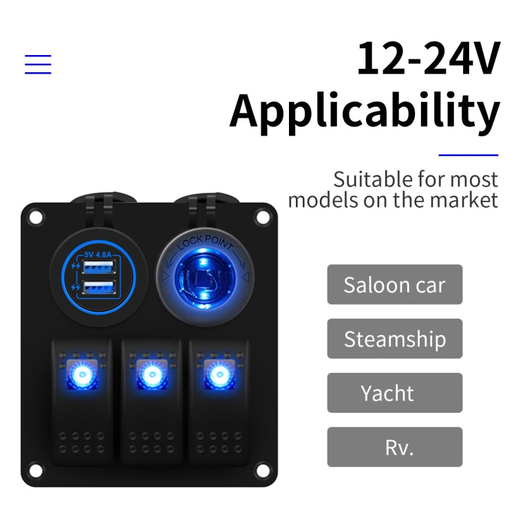 Multi-functional Combination Switch Panel 12V / 24V 3 Way Switches + Dual USB Charger for Car RV Marine Boat