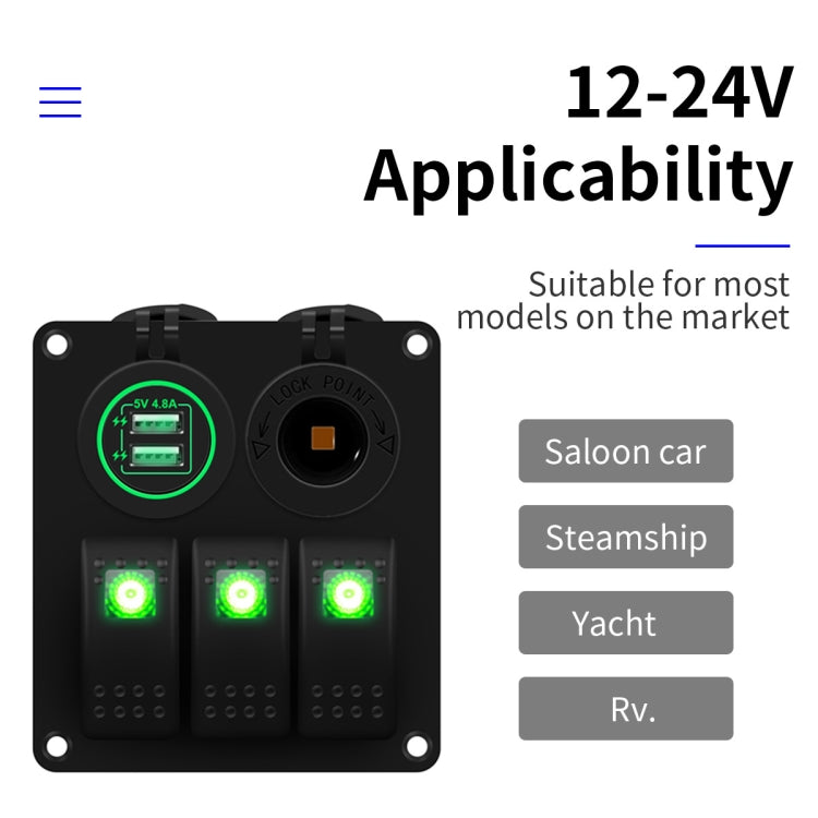 Multi-functional Combination Switch Panel 12V / 24V 3 Way Switches + Dual USB Charger for Car RV Marine Boat