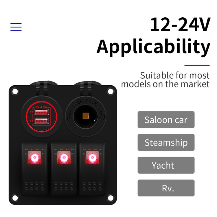 Multi-functional Combination Switch Panel 12V / 24V 3 Way Switches + Dual USB Charger for Car RV Marine Boat