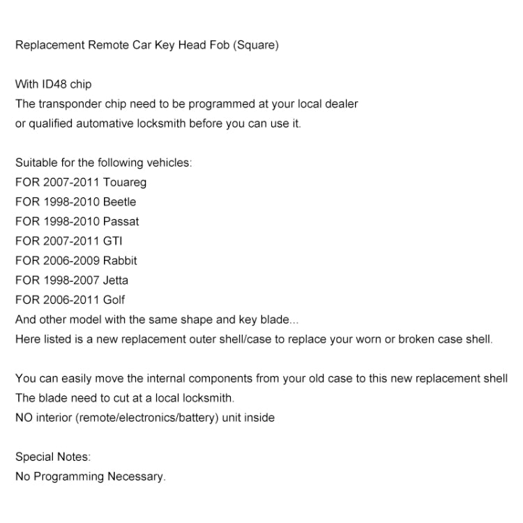 Car Remote Key Head with ID48 Chip for Volkswagen