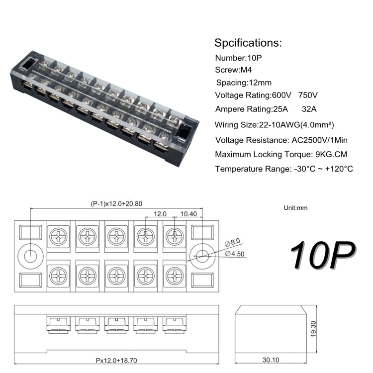 5 PCS Car 10-way 25A TB-2510 Dual Row Power Terminal Connector + 10-position Connection Strip with Cover