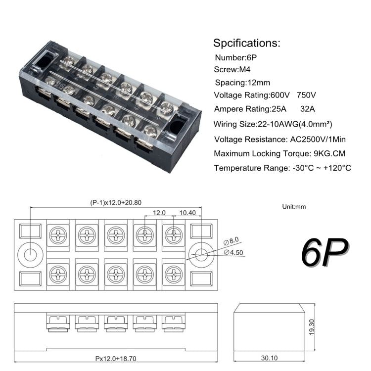 5 PCS Car 6-way 25A TB-2506 Dual Row Power Terminal Connector + 6-position Connection Strip with Cover