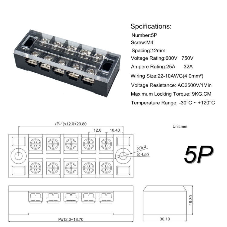 5 PCS Car 5-way 25A TB-2505 Dual Row Power Terminal Connector + 5-position Connection Strip with Cover