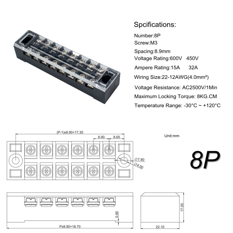 5 PCS Car 8-way TB-1508 Dual Row Power Terminal Connector + 8-position Connection Strip with Cover