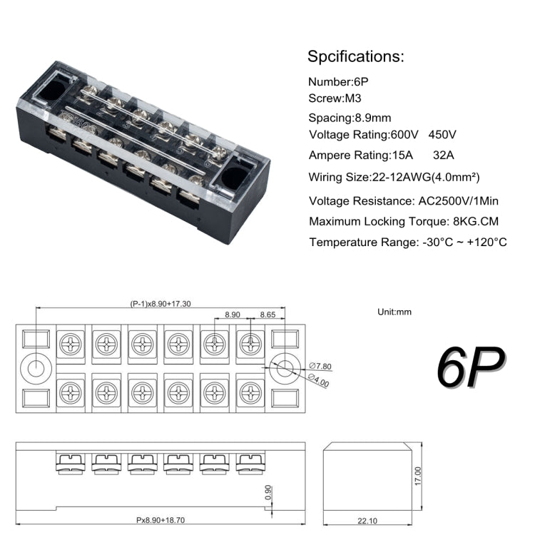 5 PCS Car 6-way TB-1506 Dual Row Power Terminal Connector + 6-position Connection Strip with Cover