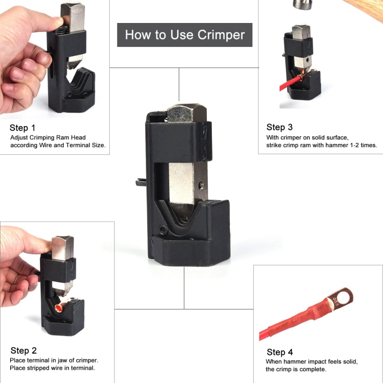 Car Battery Cable Hammer Crimper Hammer Lug Crimper Tool Pliers with T2 Copper 6 x 1/4 Heavy-duty Cold-pressed Wire Terminals