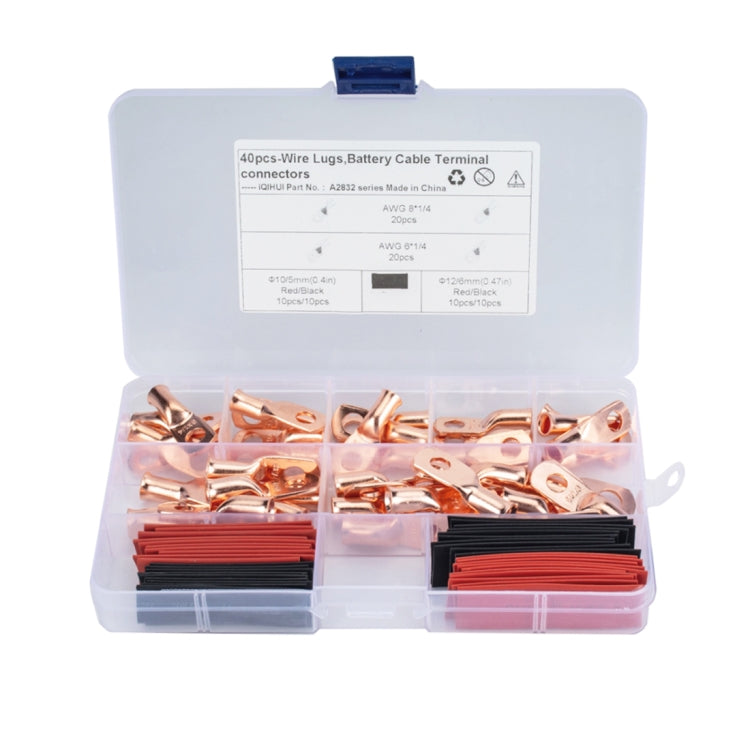 40 PCS AWG T2 Copper Heavy-duty Cold-pressed Wire Terminals 8 x 1/4 & 6 x 1/4 with Heat Shrinkable Tube
