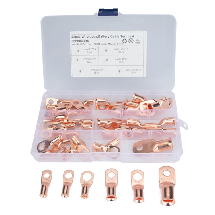 42 PCS Wire Terminals Connector Cable Lugs AWG T2 Copper Heavy-duty Cold-pressed Battery Cable Ends