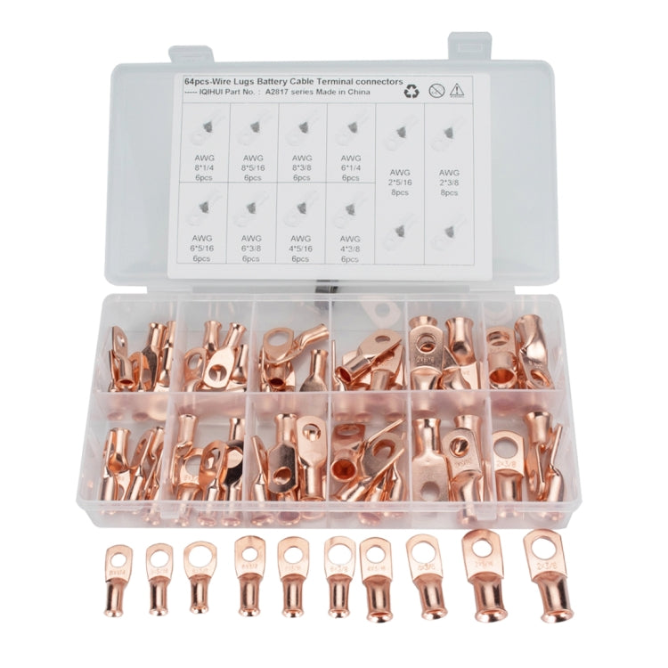 64 PCS Wire Terminals Connector Cable Lugs AWG T2 Copper Heavy-duty Cold-pressed Battery Cable Ends