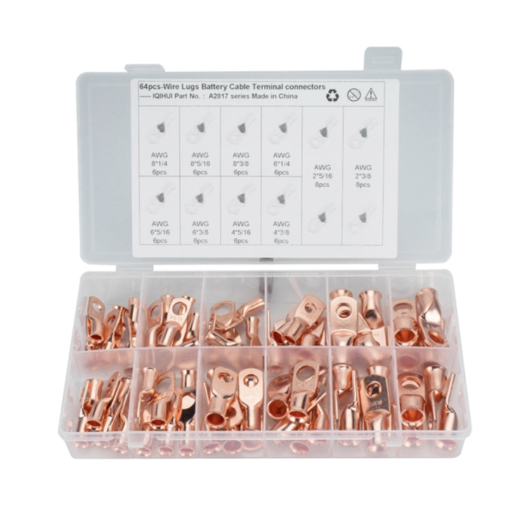 64 PCS Wire Terminals Connector Cable Lugs AWG T2 Copper Heavy-duty Cold-pressed Battery Cable Ends