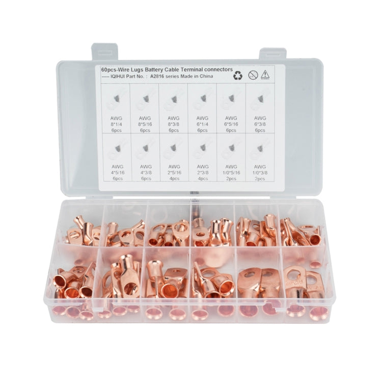 60 PCS Wire Terminals Connector Cable Lugs AWG T2 Copper Heavy-duty Cold-pressed Battery Cable Ends