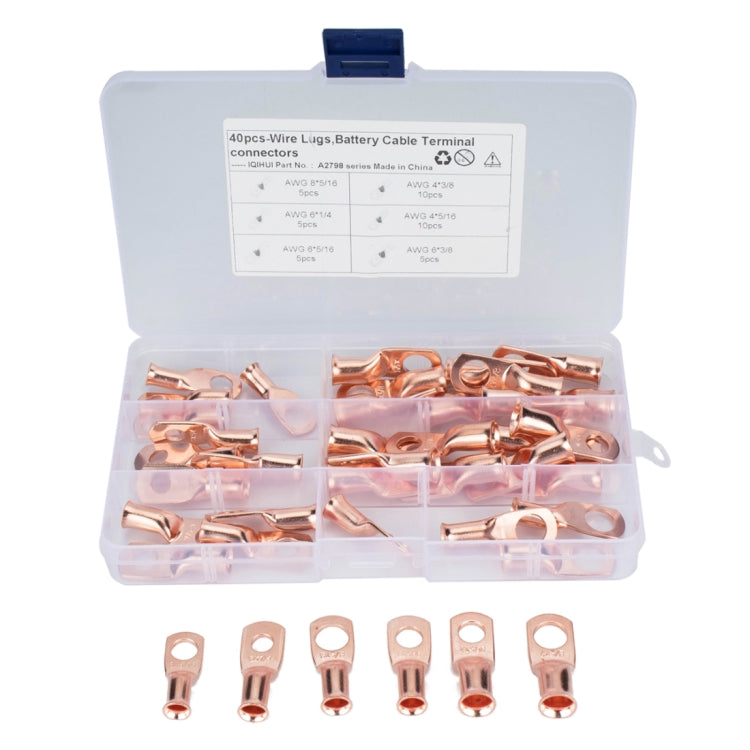 40 PCS Wire Terminals Connector Cable Lugs AWG T2 Copper Heavy-duty Cold-pressed Battery Cable Ends