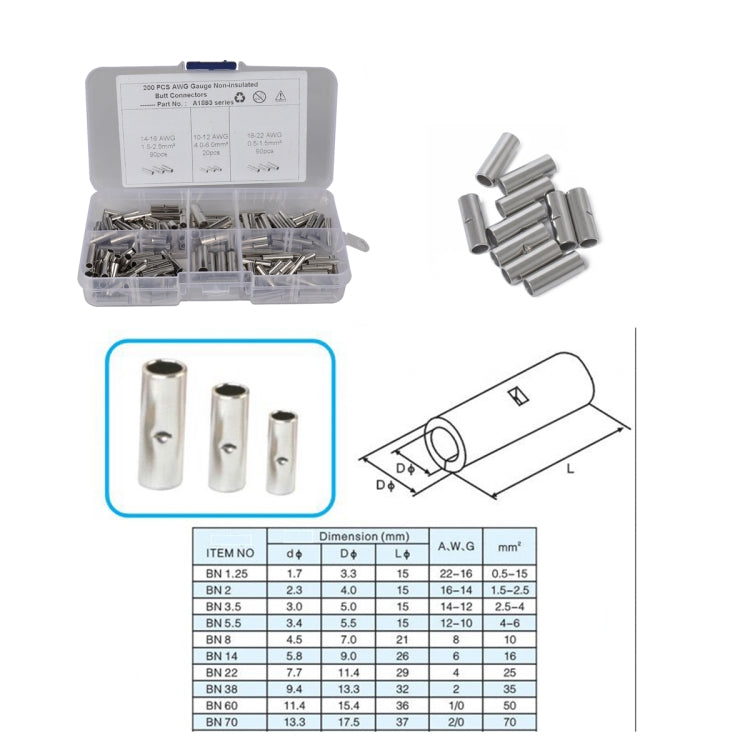 200 PCS Car / Boat AWG Gauge Non-Insulated Butt Connectors Ferrule Cable Crimp Terminal Kit
