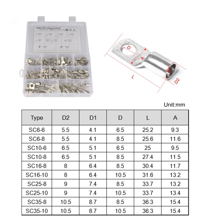 100 PCS Boat / Car Bolt Hole Tinned Copper Terminals Set Wire Terminals Connector Cable Lugs SC Terminals