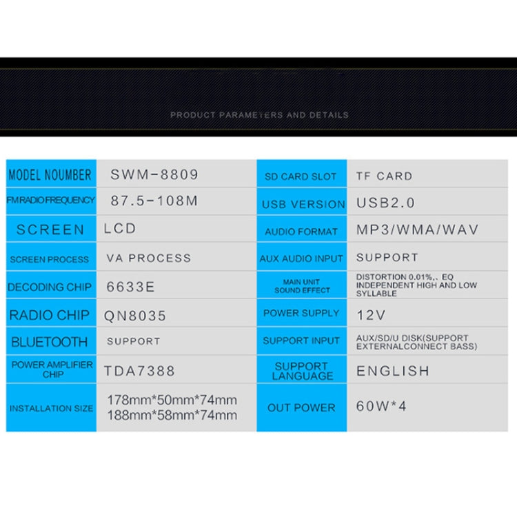 8809 Universal Car 12V Bluetooth Radio Receiver MP3 Player, Support FM with Remote Control