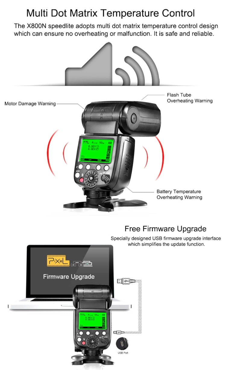 PIXEL X800N Standard iTTL / M / PRT Flash Light Speedlite for Nikon Camera