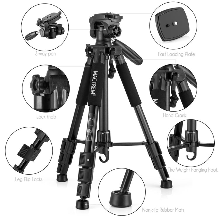 MACTREM PT55 Aluminum Alloy + ABS Camera Tripod with 3 Way 360 Degree Panhead for DSLR / SLR / Canon / Nikon / Sony / Olympus / DV Includes Carrying Case