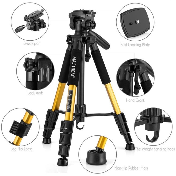 MACTREM PT55 Aluminum Alloy + ABS Camera Tripod with 3 Way 360 Degree Panhead for DSLR / SLR / Canon / Nikon / Sony / Olympus / DV Includes Carrying Case