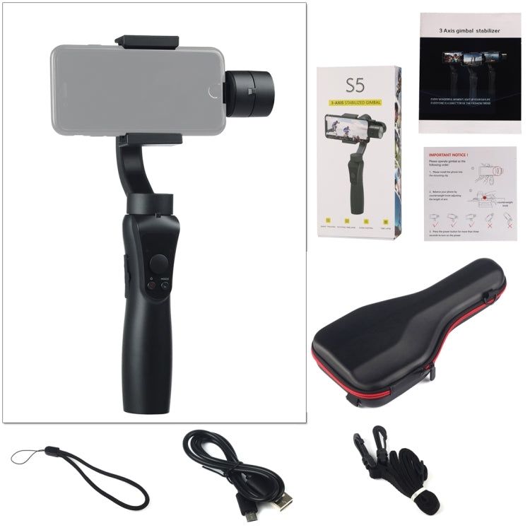 S5 3-Axis Stabilized Handheld Gimbal Stabilizer for Smartphones(Black)