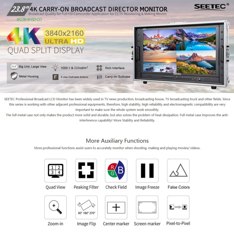 SEETEC 4K238-9HSD-CO 3840x2160 23.8 inch HDMI 4K Ultra HD Director Box Camera Field Monitor, Support Four Screen Split