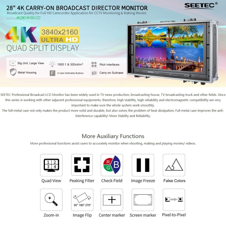 SEETEC 4K280-9HSD-CO 3840x2160 28 inch HDMI 4K HD Director Box Camera Field Monitor, Support Four Screen Split