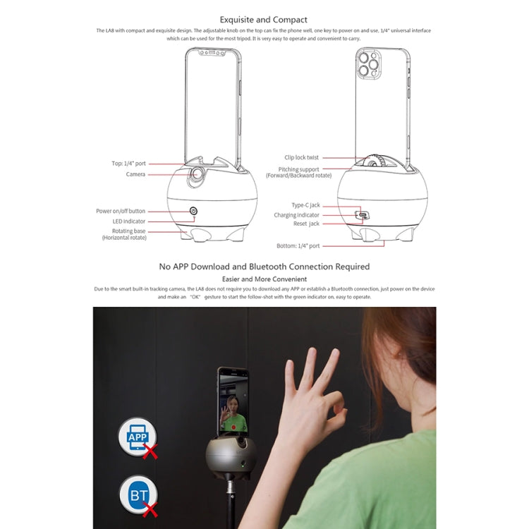 LAIZESKE LA8 Smart Robot Cameraman 360 Degree Auto Tracking Phone Holder (Grey)