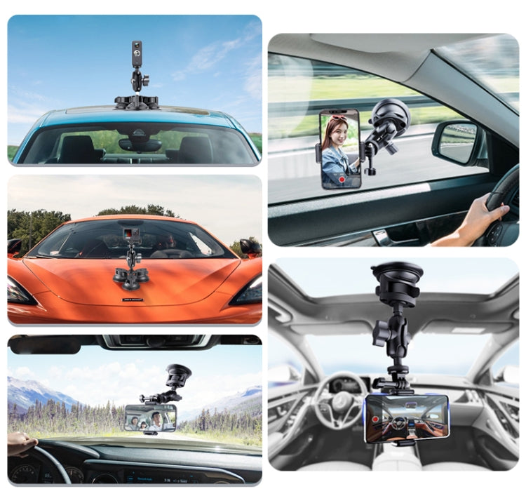 Triangle Suction Cup Mount Phone Holder with Tripod Adapter & Steel Tether & Safety Buckle (Black)