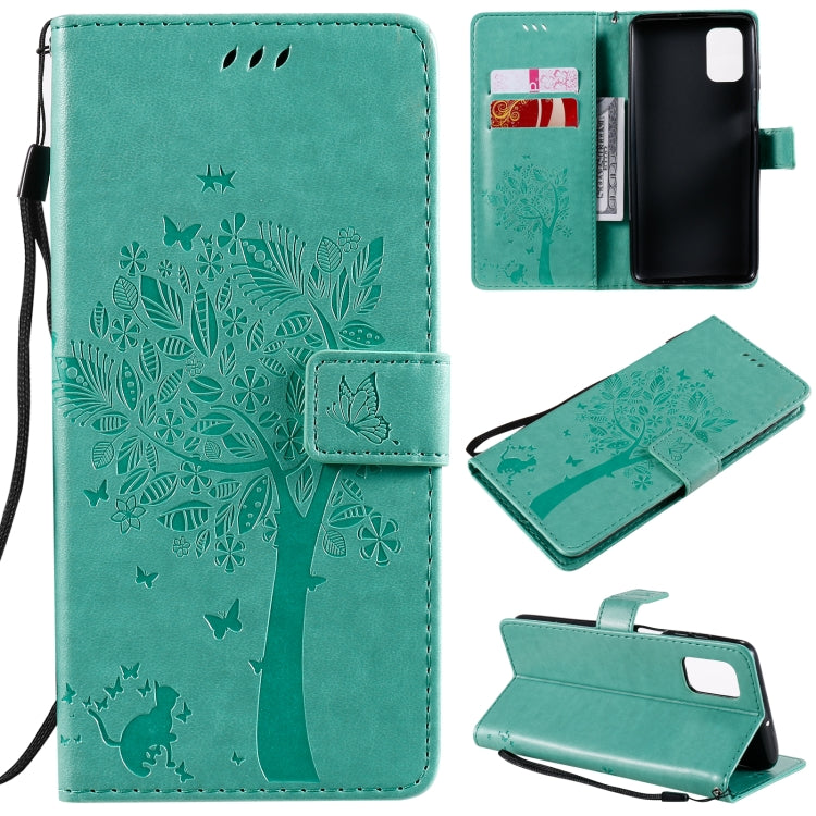 For Samsung Galaxy M51 Tree & Cat Pattern Pressed Printing Horizontal Flip PU Leather Case with Holder & Card Slots & Wallet & Lanyard