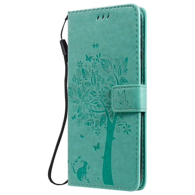 For Samsung Galaxy M51 Tree & Cat Pattern Pressed Printing Horizontal Flip PU Leather Case with Holder & Card Slots & Wallet & Lanyard