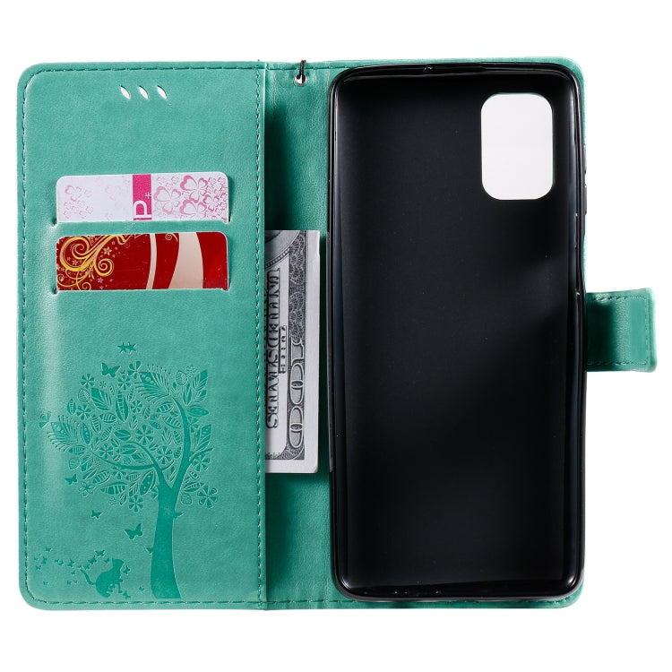 For Samsung Galaxy M51 Tree & Cat Pattern Pressed Printing Horizontal Flip PU Leather Case with Holder & Card Slots & Wallet & Lanyard