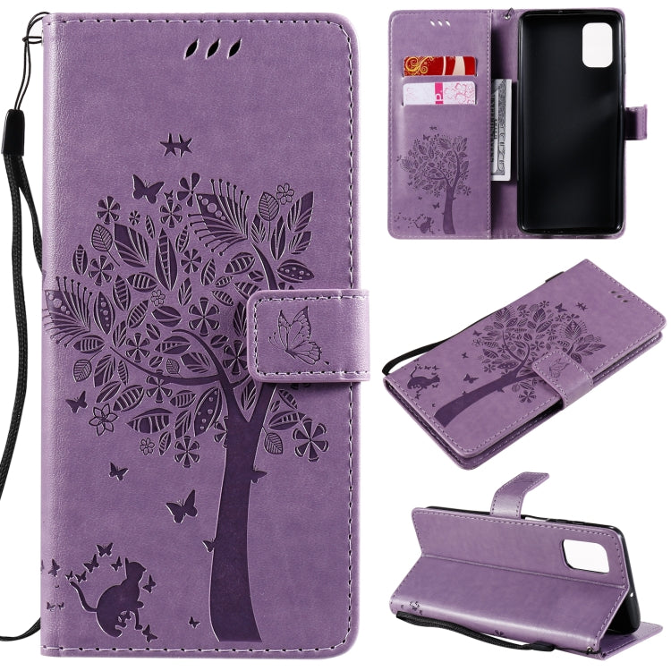 For Samsung Galaxy M51 Tree & Cat Pattern Pressed Printing Horizontal Flip PU Leather Case with Holder & Card Slots & Wallet & Lanyard