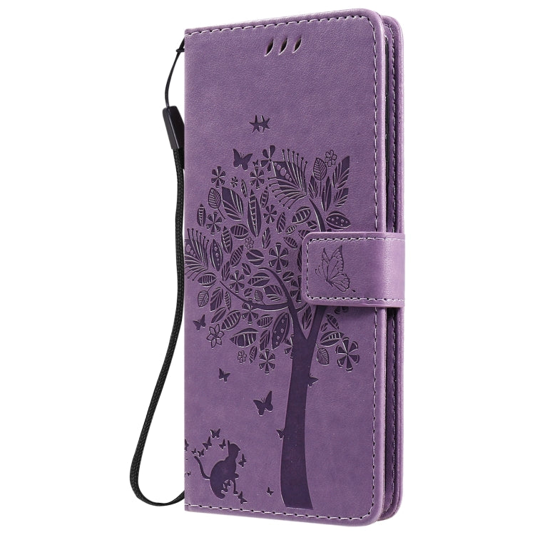 For Samsung Galaxy M51 Tree & Cat Pattern Pressed Printing Horizontal Flip PU Leather Case with Holder & Card Slots & Wallet & Lanyard