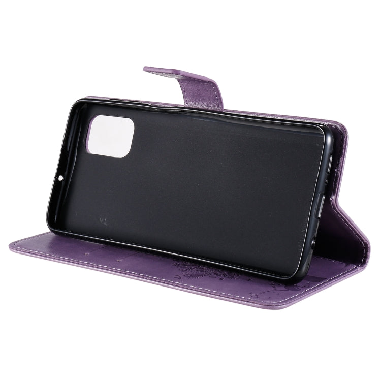 For Samsung Galaxy M51 Tree & Cat Pattern Pressed Printing Horizontal Flip PU Leather Case with Holder & Card Slots & Wallet & Lanyard