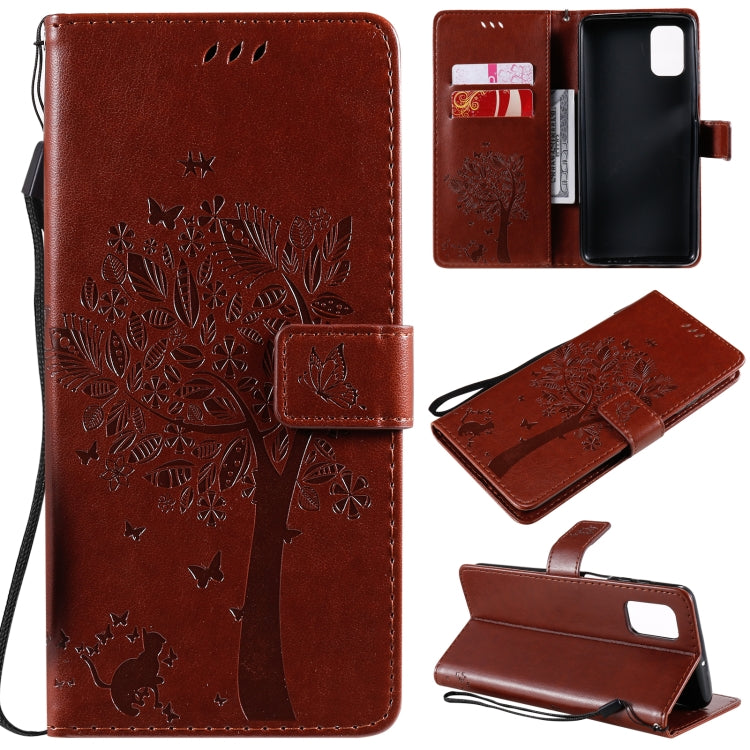 For Samsung Galaxy M51 Tree & Cat Pattern Pressed Printing Horizontal Flip PU Leather Case with Holder & Card Slots & Wallet & Lanyard