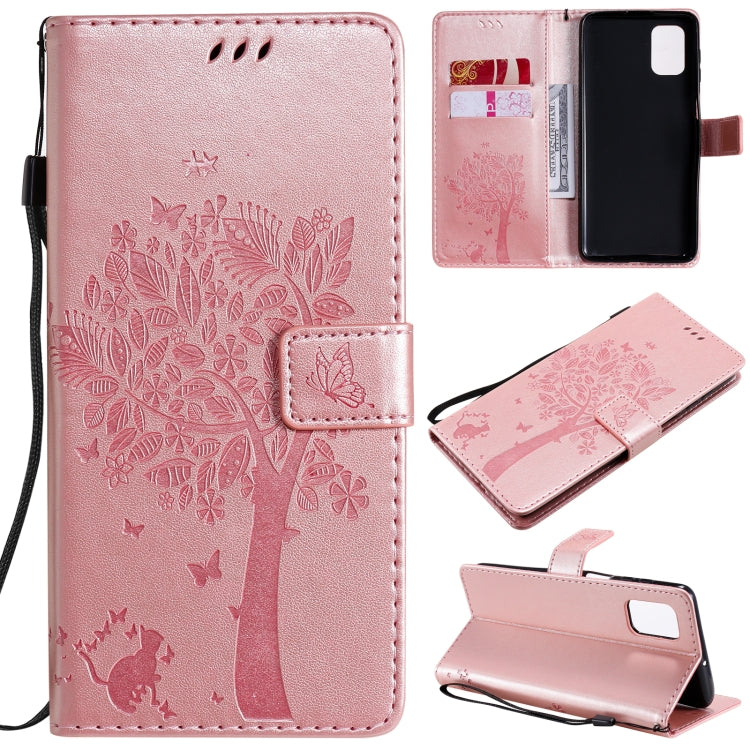 For Samsung Galaxy M51 Tree & Cat Pattern Pressed Printing Horizontal Flip PU Leather Case with Holder & Card Slots & Wallet & Lanyard