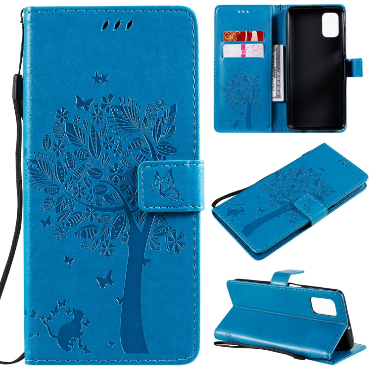 For Samsung Galaxy M51 Tree & Cat Pattern Pressed Printing Horizontal Flip PU Leather Case with Holder & Card Slots & Wallet & Lanyard