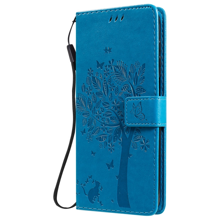 For Samsung Galaxy M51 Tree & Cat Pattern Pressed Printing Horizontal Flip PU Leather Case with Holder & Card Slots & Wallet & Lanyard