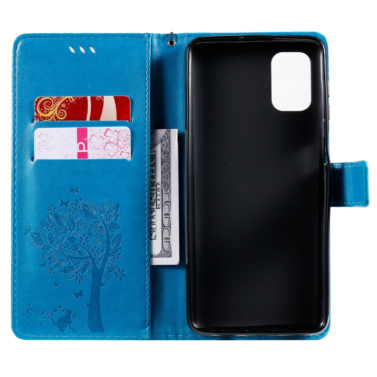 For Samsung Galaxy M51 Tree & Cat Pattern Pressed Printing Horizontal Flip PU Leather Case with Holder & Card Slots & Wallet & Lanyard